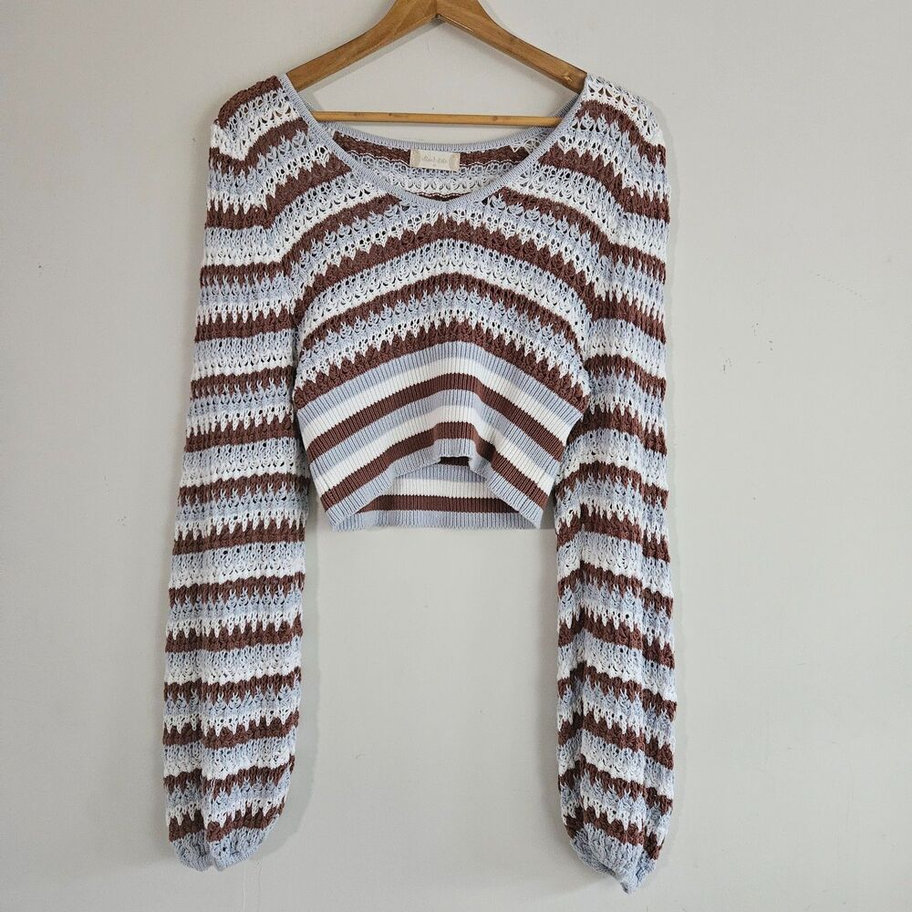 Altar'd State Briella Women's Sweater Medium Blue Striped Crochet Knit Boho